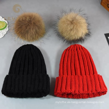 La mamá y el bebé a juego de punto grande real piel de mapache pom pom invierno sombrero niño niño beanie